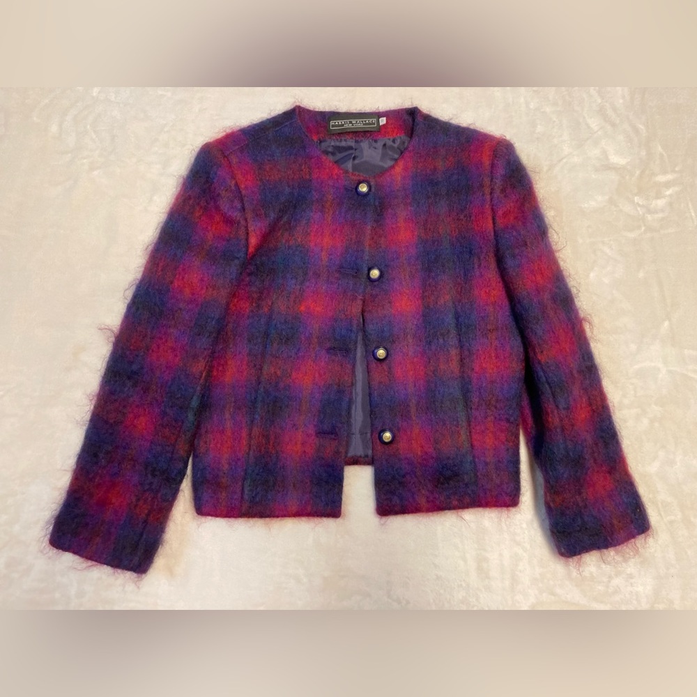 Harris Wallace NY Blue & Magenta Plaid Jacket. Made with Mohair. Size 10.